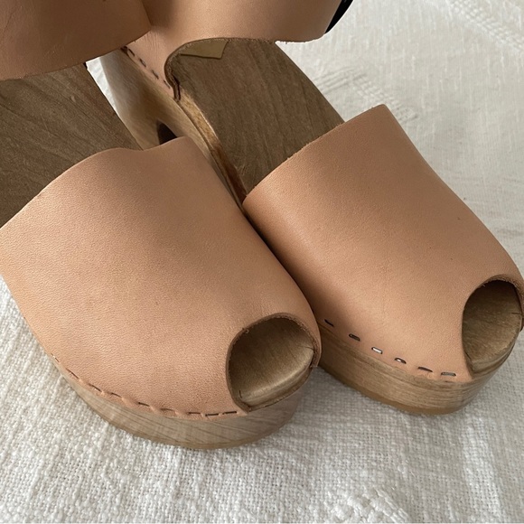 No. 6 Tan Leather Mules with Wooden Platform, Size 39 - Picture 8 of 15